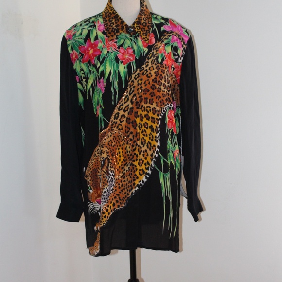 Diane Gilman Tops - Diane Gilman, Black Shirt with Leopard and Floral Design blouse 100% Silk